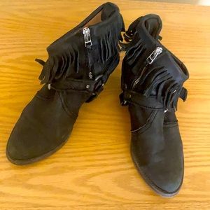 All saints western motto style short bootie with removal strap. Two inch heel.